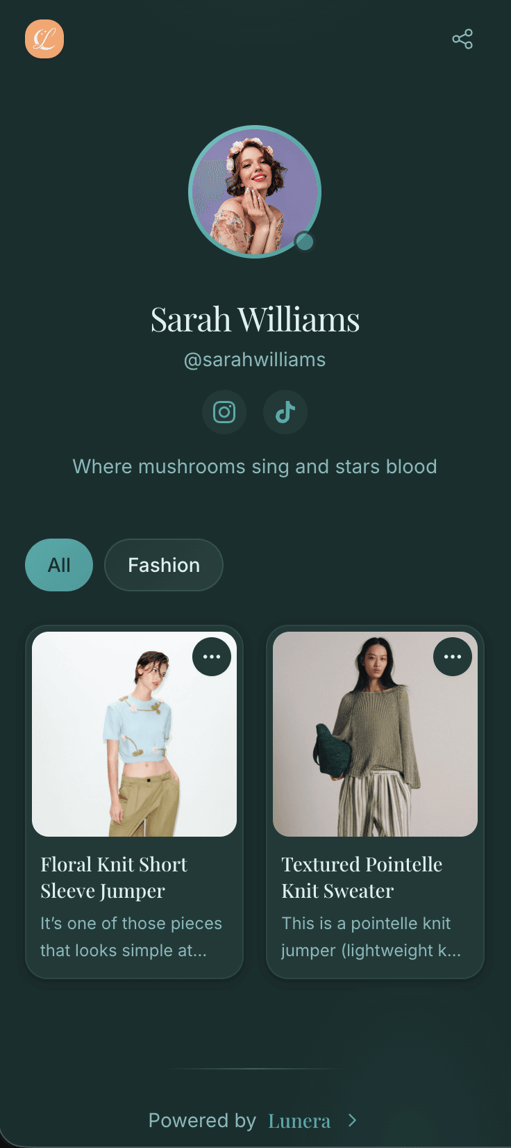 Lunera page dark theme