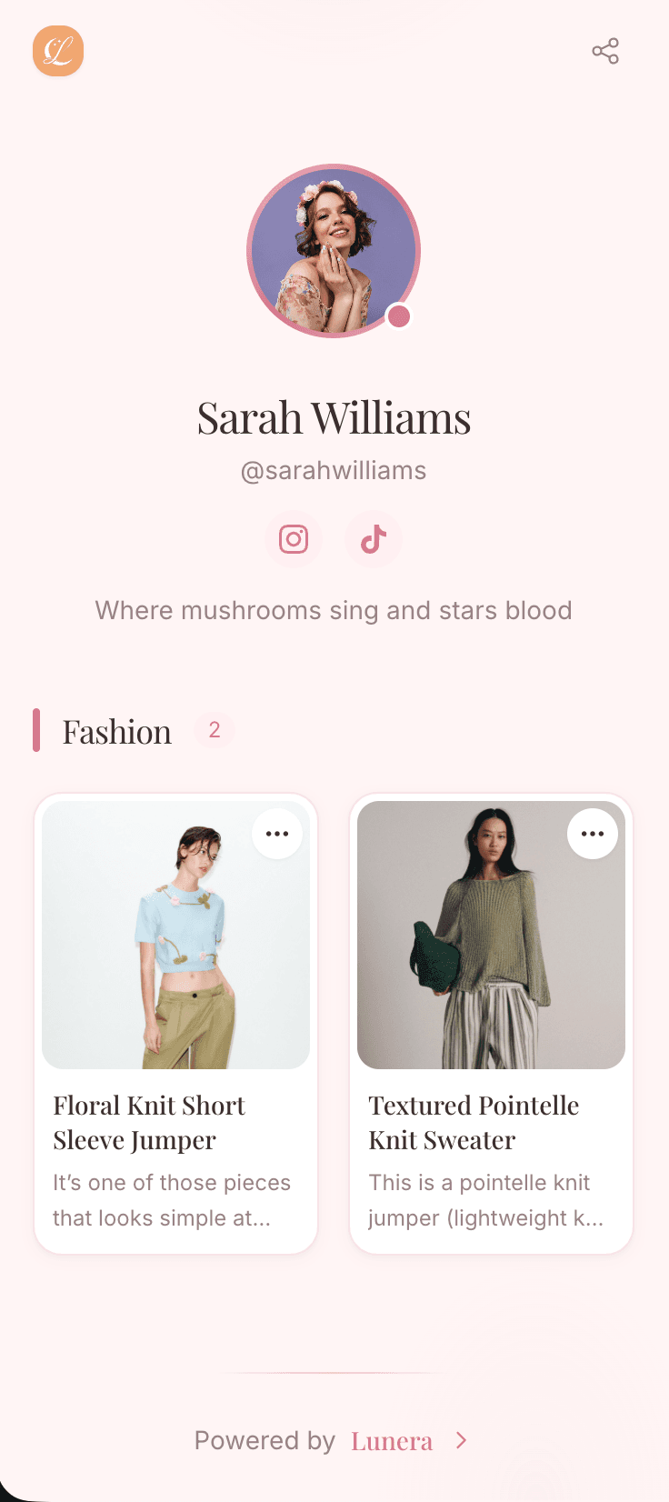 Lunera product recommendation page